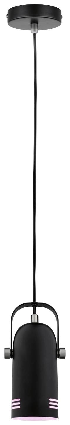 Black hanging light with a cylindrical lampshade. Simple, modern design.