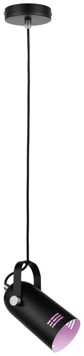 A black pendant lamp with a cable-like neck, emitting pink light from the lampshade.