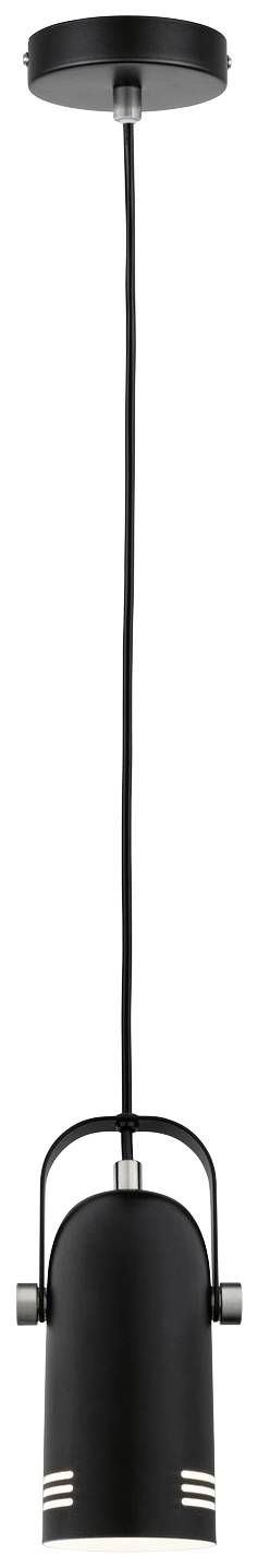 Black pendant light with a simple cylindrical shade and cable suspension. Minimalist design, suitable for modern spaces.