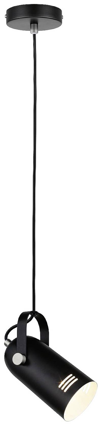 A black, cylindrical pendant light with cable and ceiling mount, casting light downwards.