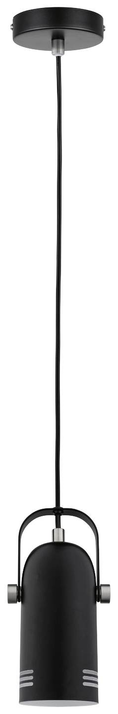 Black, cylindrical pendant light with a minimalist design, suitable for modern living spaces. Suspension mechanism and base in black.