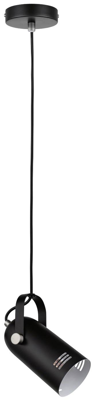 Black, cylindrical pendant light with adjustable mounting, long cable, and ceiling fixing. Modern design.