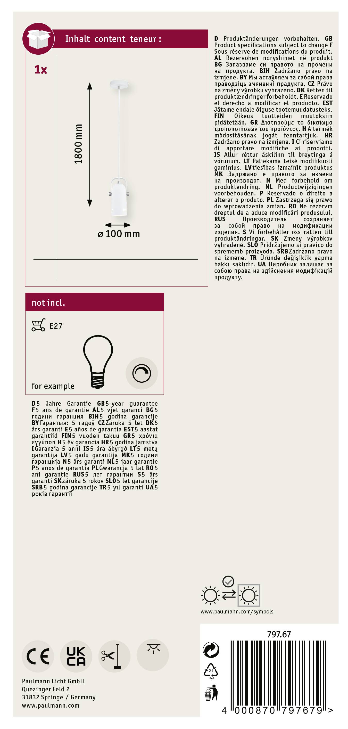 Product description for a ceiling light: Dimensions 3000 mm x 100 mm. E27 lamp socket not included. Includes mounting instructions.
