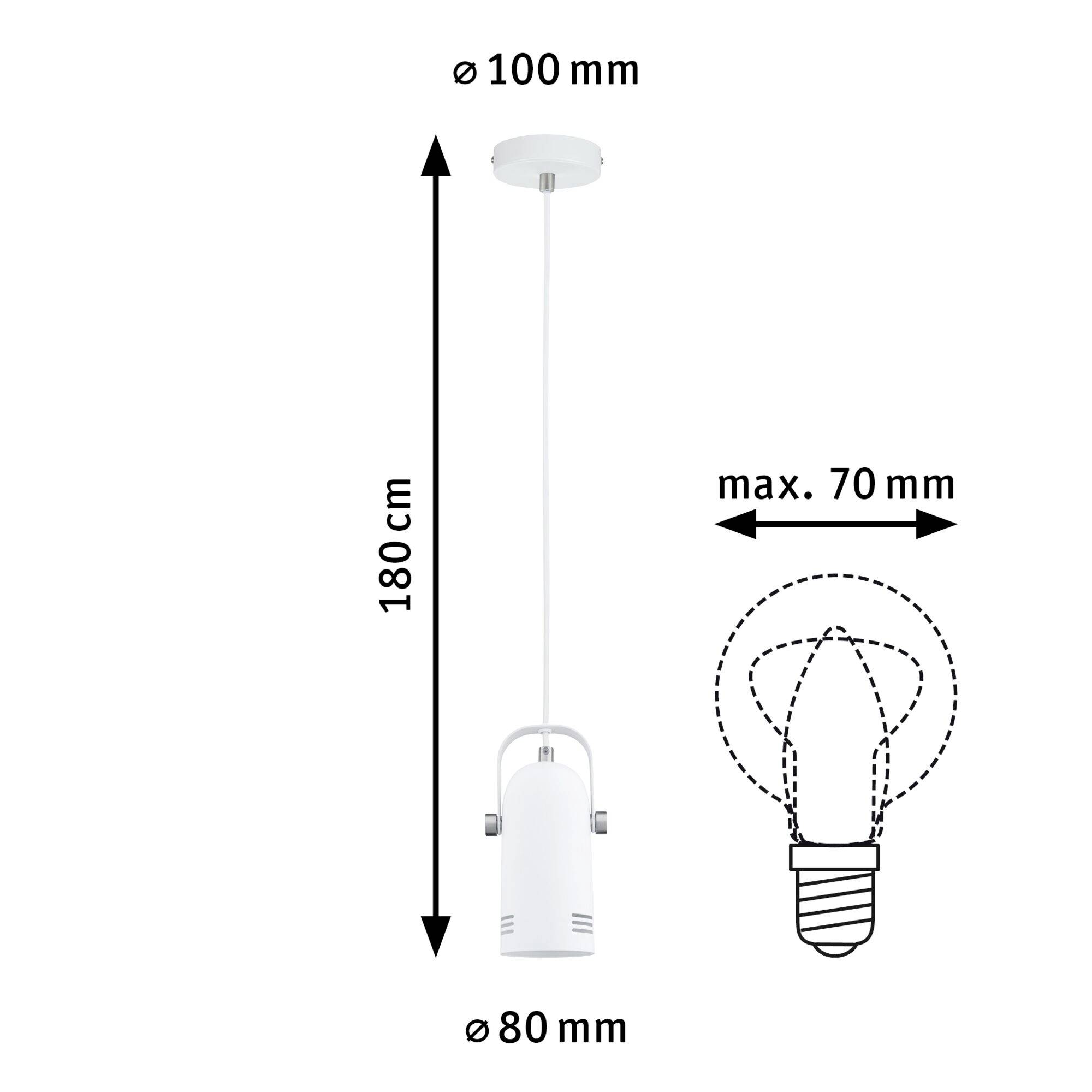 Metal pendant light, height 180 cm, diameter 80 mm. Compatible with light bulbs up to max. 70 mm diameter, ceiling mount 100 mm.