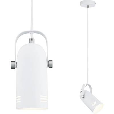 White hanging lamp with a modern, cylindrical design. Sleek, minimalist style, suitable complement for contemporary interiors.