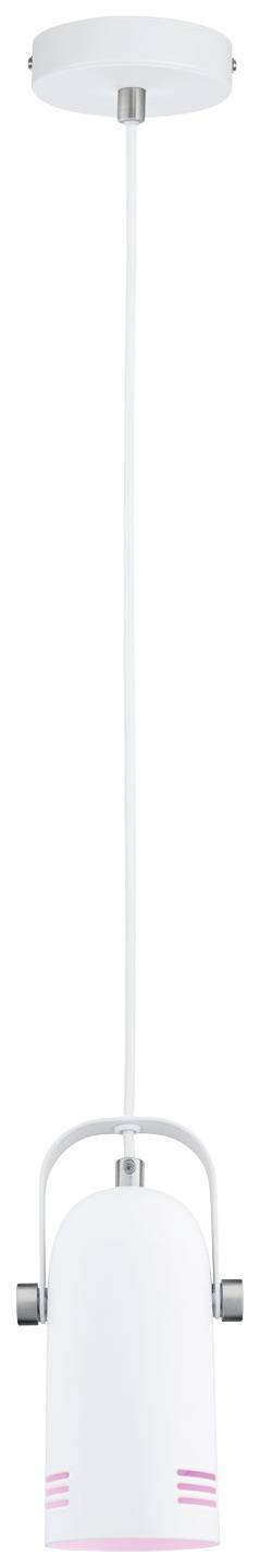 White hanging lamp with a cylindrical shade, minimalist design and a hint of pink along the bottom edge.