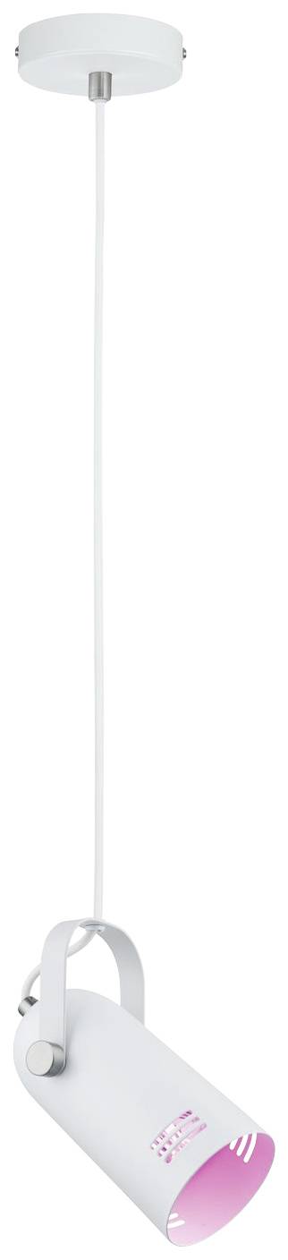 Pendant light with a white housing and pink inner beam, featuring a functional and stylish design for illuminating contemporary spaces.