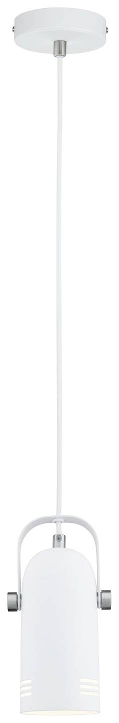 White, cylindrical pendant light with metal suspension and long cable, suitable for modern living spaces or kitchens.