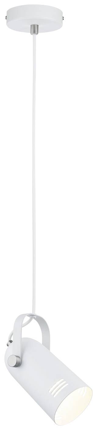 White, cylindrical pendant light with a movable spotlight, hanging from a thin cable on a round ceiling mount.