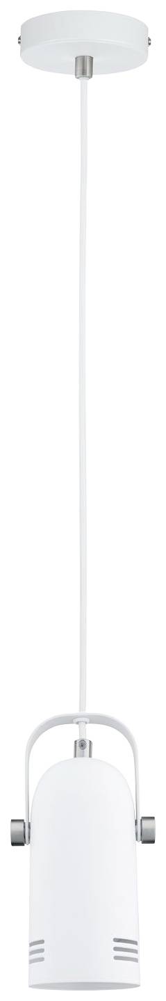 White pendant light with a cylindrical, modern design, hanging from a thin cable. Suitable for a contemporary interior.