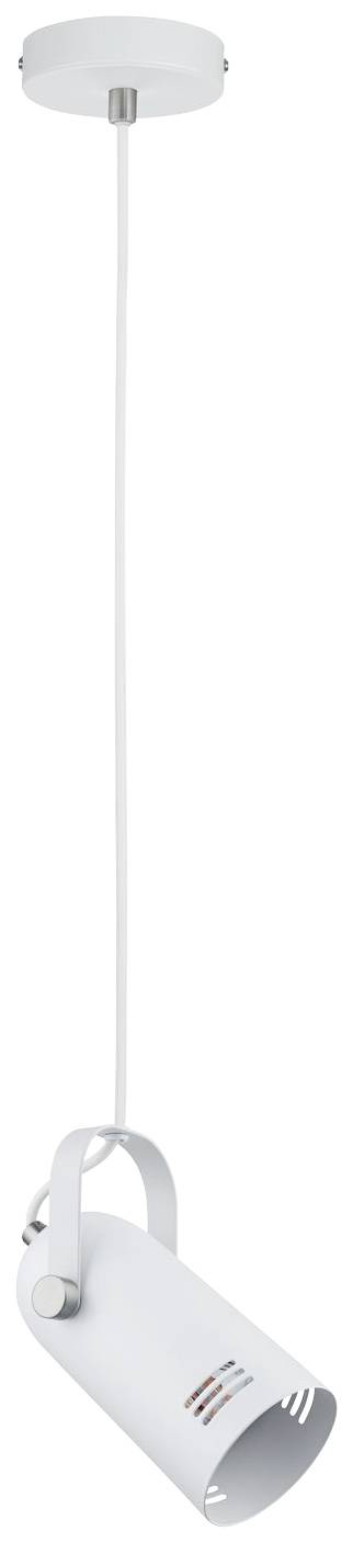 White ceiling light with a cylindrical lampshade and adjustable head. Suitable for targeted lighting or decor.