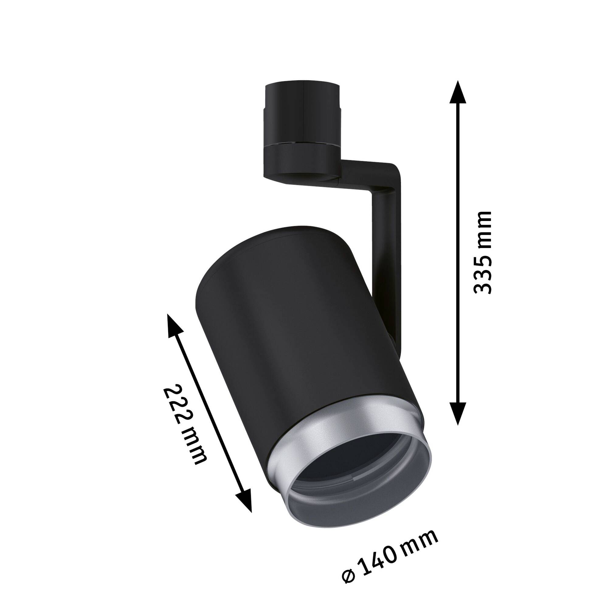 Black lamp spotlight with a diameter of 140 mm, a height of 335 mm and an additional dimension of 222 mm. Ideal for targeted lighting.