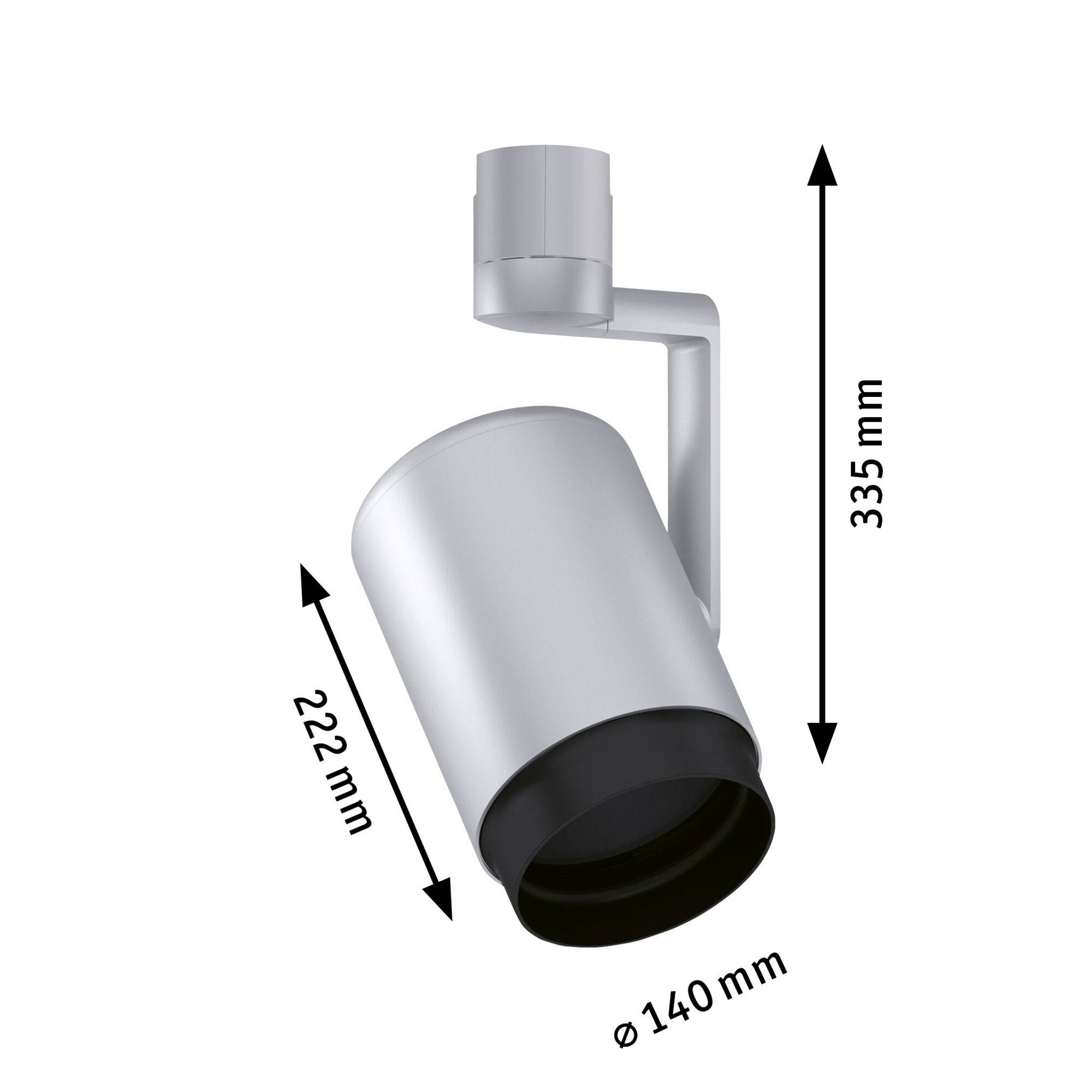 Silver ceiling spotlight measures 335 mm in height, 222 mm in depth, and has a diameter of 140 mm.