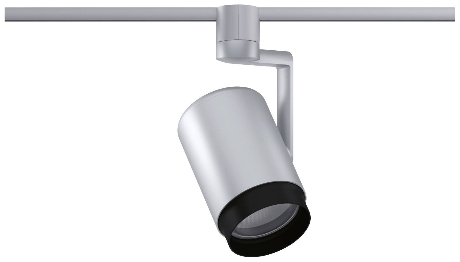 A silver rail system with a cylindrical light fitting angled downwards, designed for interior illumination.