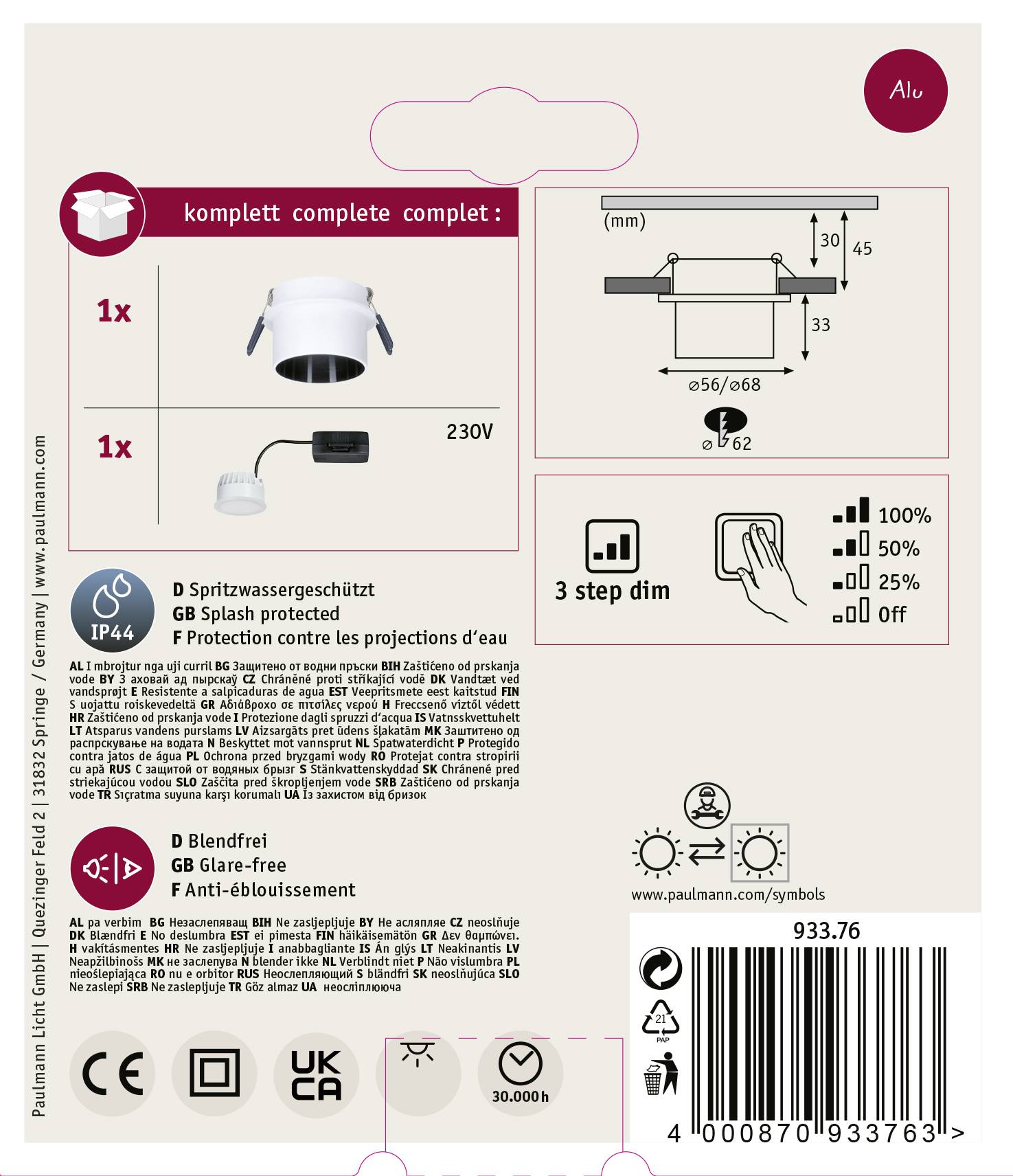 'Packaging for a Paulmann ceiling light, energy-saving, splash-proof, glare-free, warm white, dimmable, with installation instructions.'