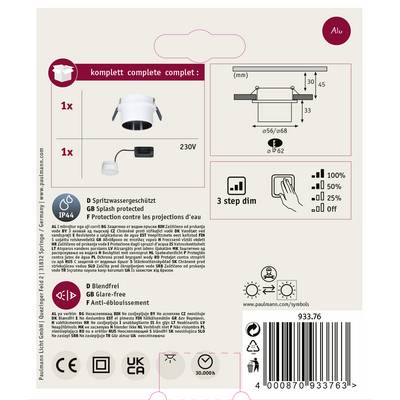 'Packaging for a Paulmann ceiling light, energy-saving, splash-proof, glare-free, warm white, dimmable, with installation instructions.'
