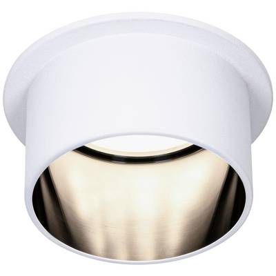 White round ceiling light with a reflective inner surface, emitting warm light. Suitable for modern interiors.
