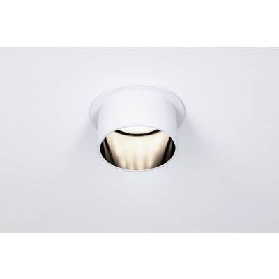 A white recessed light is installed in a bright ceiling, shining downwards and creating a soft light cone.