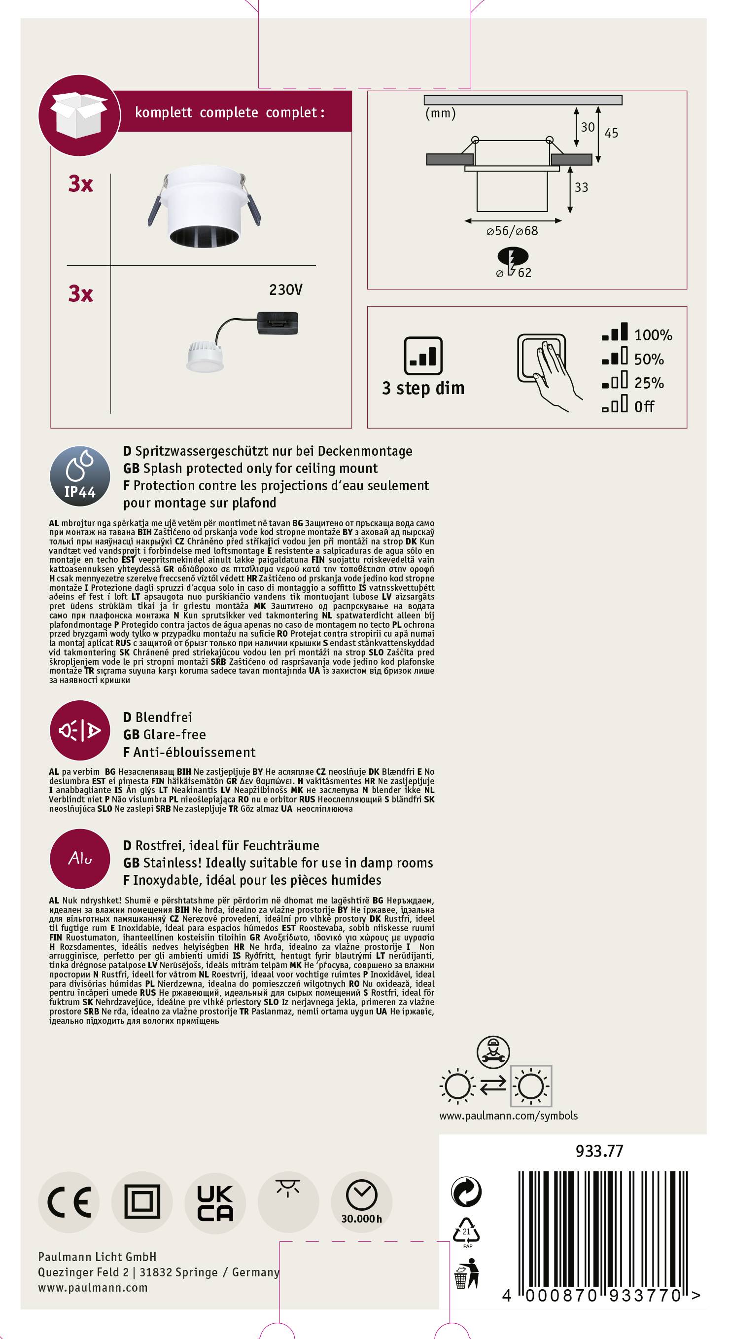Packaging Design for Recessed Spotlight Set, comprising 3 Spotlights. Information on voltage, mounting instructions, and protection types included.