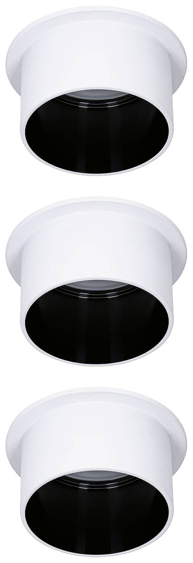 Three white round recessed lights in a vertical arrangement, each with a black inner fitting.