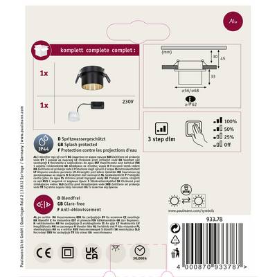 'Complete Set: 1x Recessed Light (IP44, splash-proof, glare-free), 1x 3-Stage Dimmer. Diameter 56/68 mm, Depth 30/45 mm. 230V.'