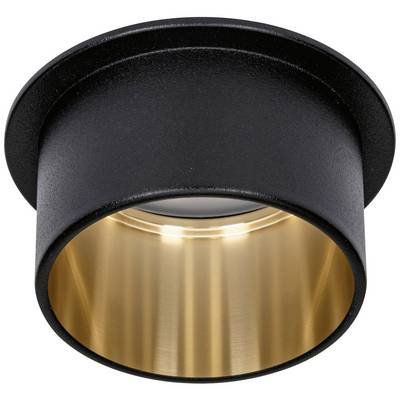 Black, cylindrical ceiling light with a golden interior reflector.