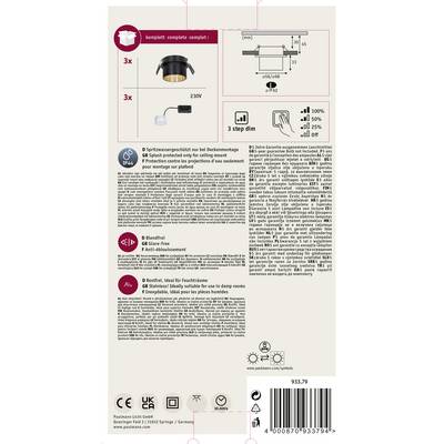 'Product packaging: LED recessed ceiling luminaire with splash protection. Size, dimming function, and protection class details on the reverse.'