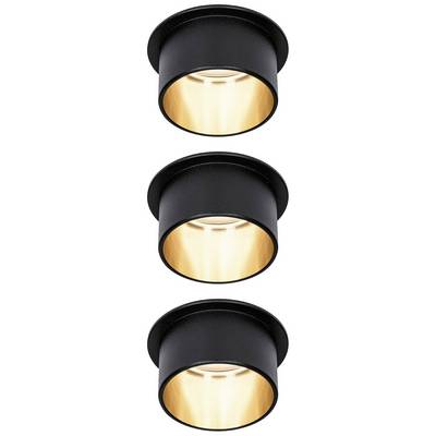 'Three black, round ceiling lights with a golden interior, arranged in a vertical row.'