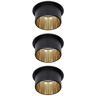 Three black cylindrical ceiling lights with golden interior coating, arranged in a vertical row.