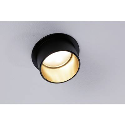 A ceiling light with a modern, black casing and golden interior, emitting warm light.