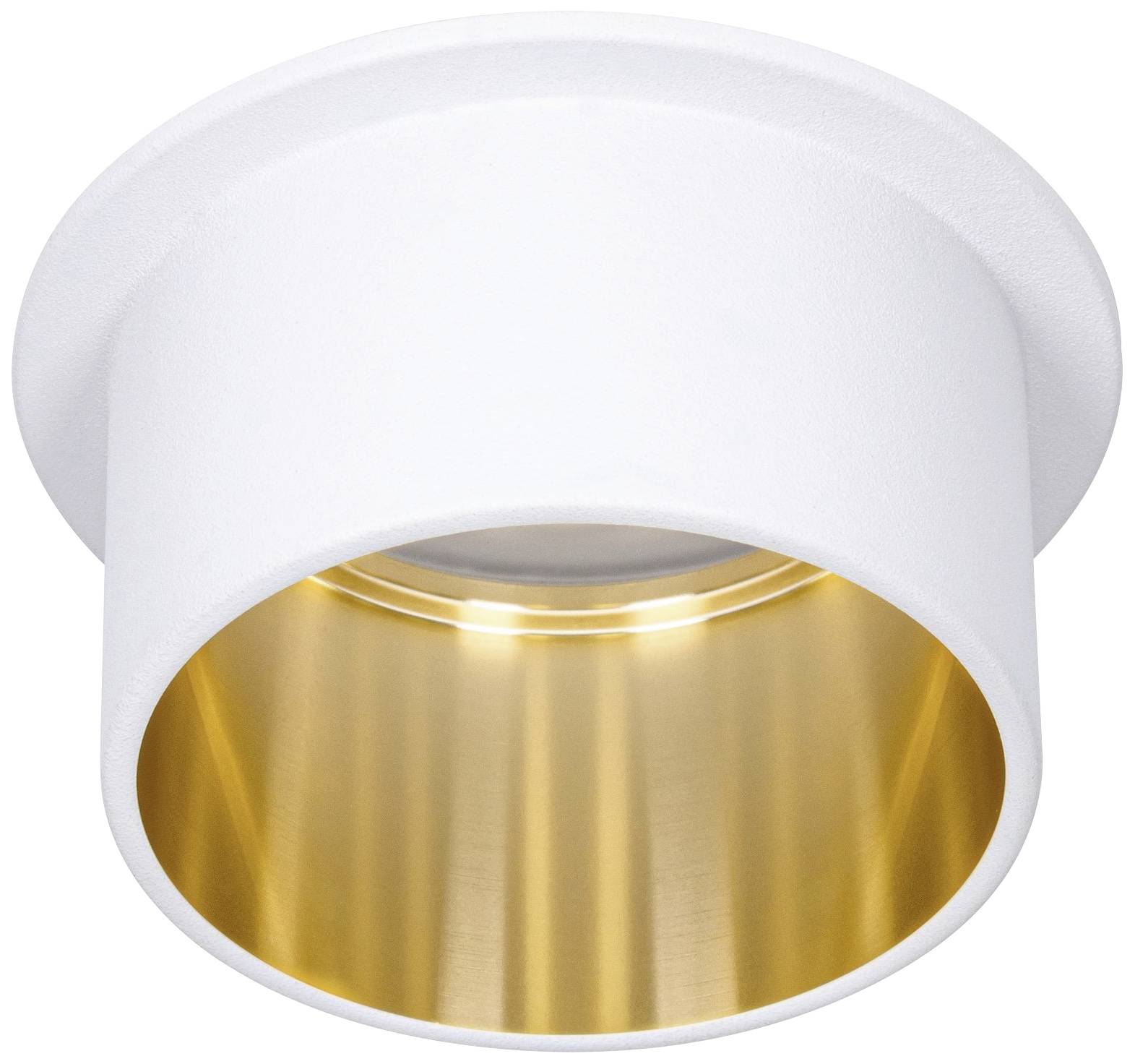 White cylindrical ceiling light with a golden inner surface. The light fixture radiates downwards and provides directional lighting in a room.