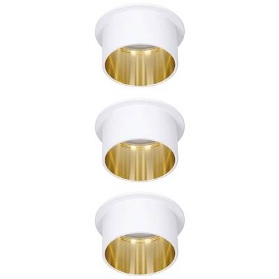 Three golden, cylindrical recessed ceiling spotlights with white trim, evenly arranged one above the other and illuminated.