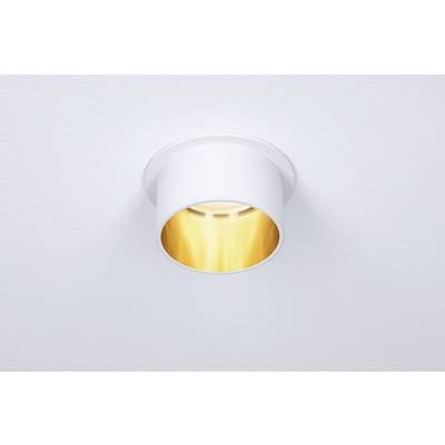 A white ceiling light with a golden inner reflector that radiates soft light and creates an elegant, modern atmosphere.