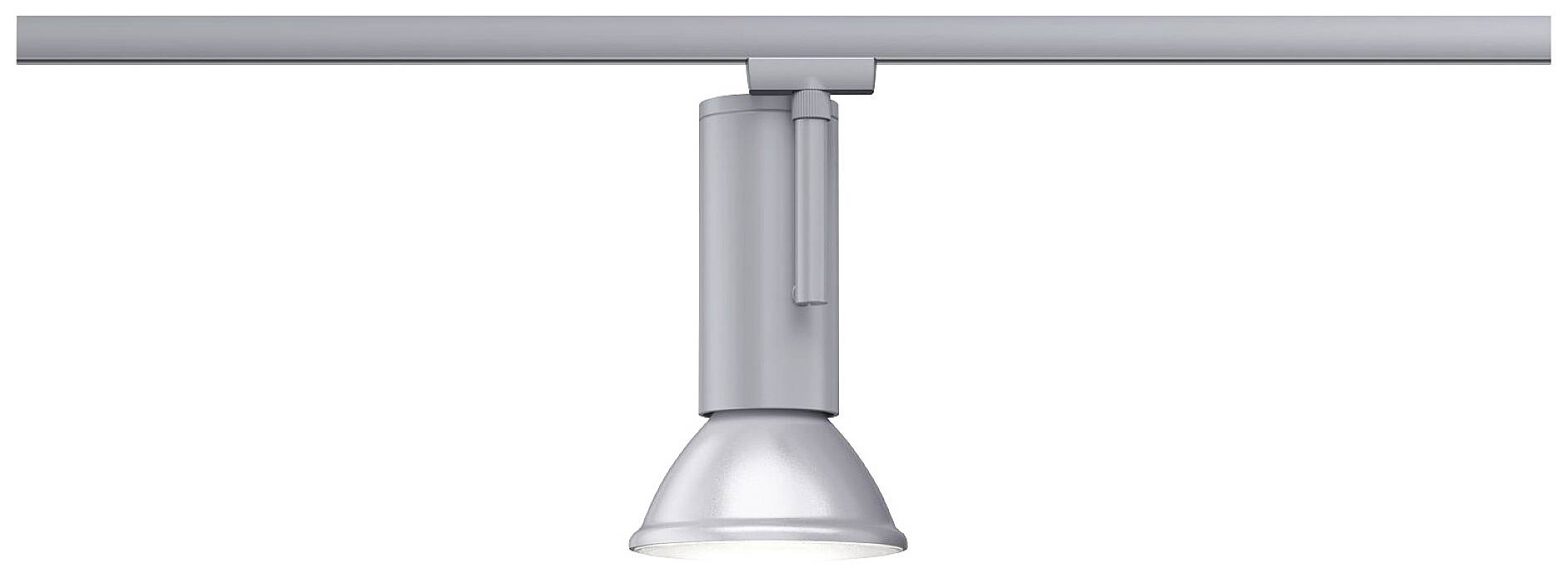 A grey ceiling spotlight is mounted on a track. It shines downwards.