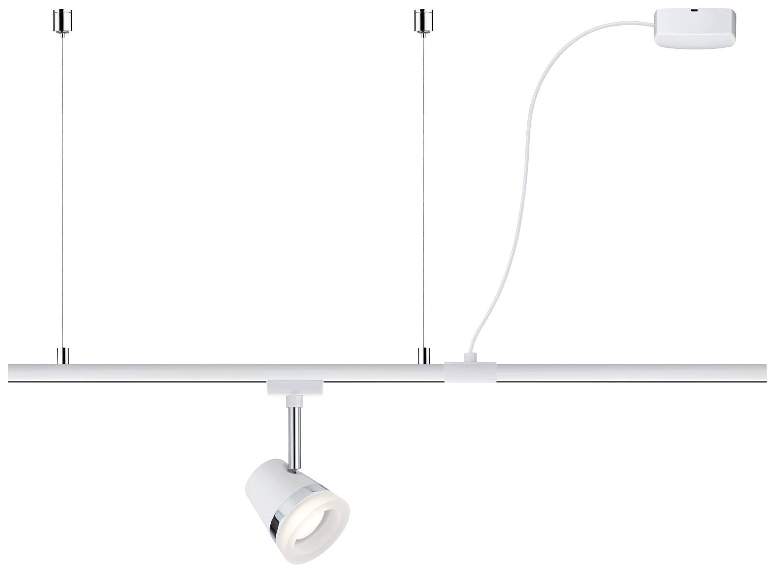 Single, adjustable ceiling light on a track system with modern, white design; suitable for targeted lighting.