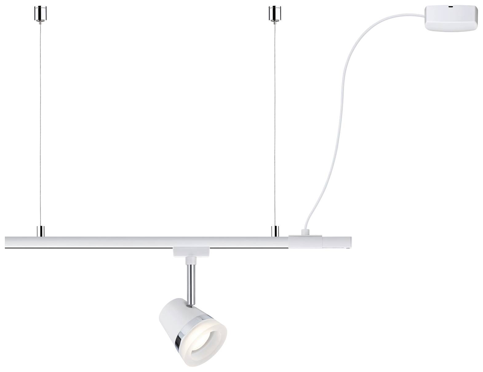 A white pendant light with an adjustable spot, hanging on two wires. Suitable for targeted lighting of interior spaces.