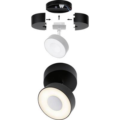 Technical exploded diagram of an LED wall light. At the top, the ceiling mounting bracket, underneath the mounted lampshade which emits light.