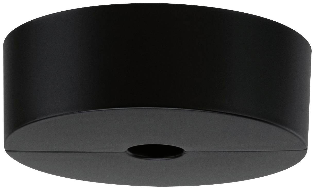 Black, round ceiling cover with a flat top surface and a central opening, potentially for cables or a mounting element.