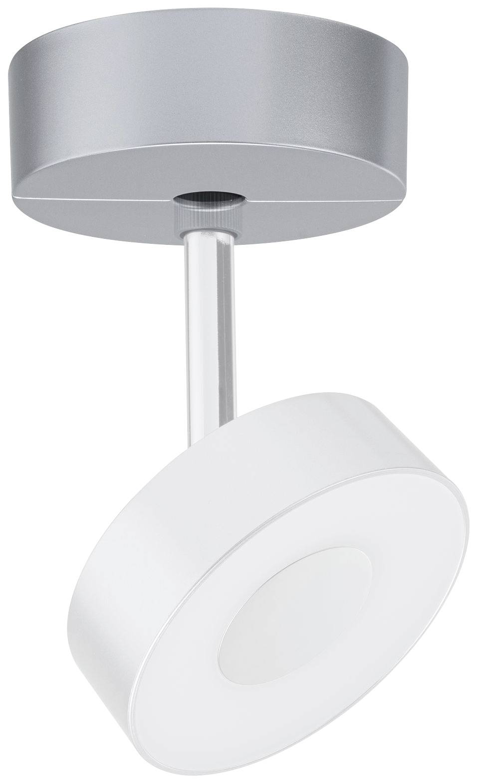 A contemporary, round ceiling light with a silver base and white lampshade, perfect for modern interiors.