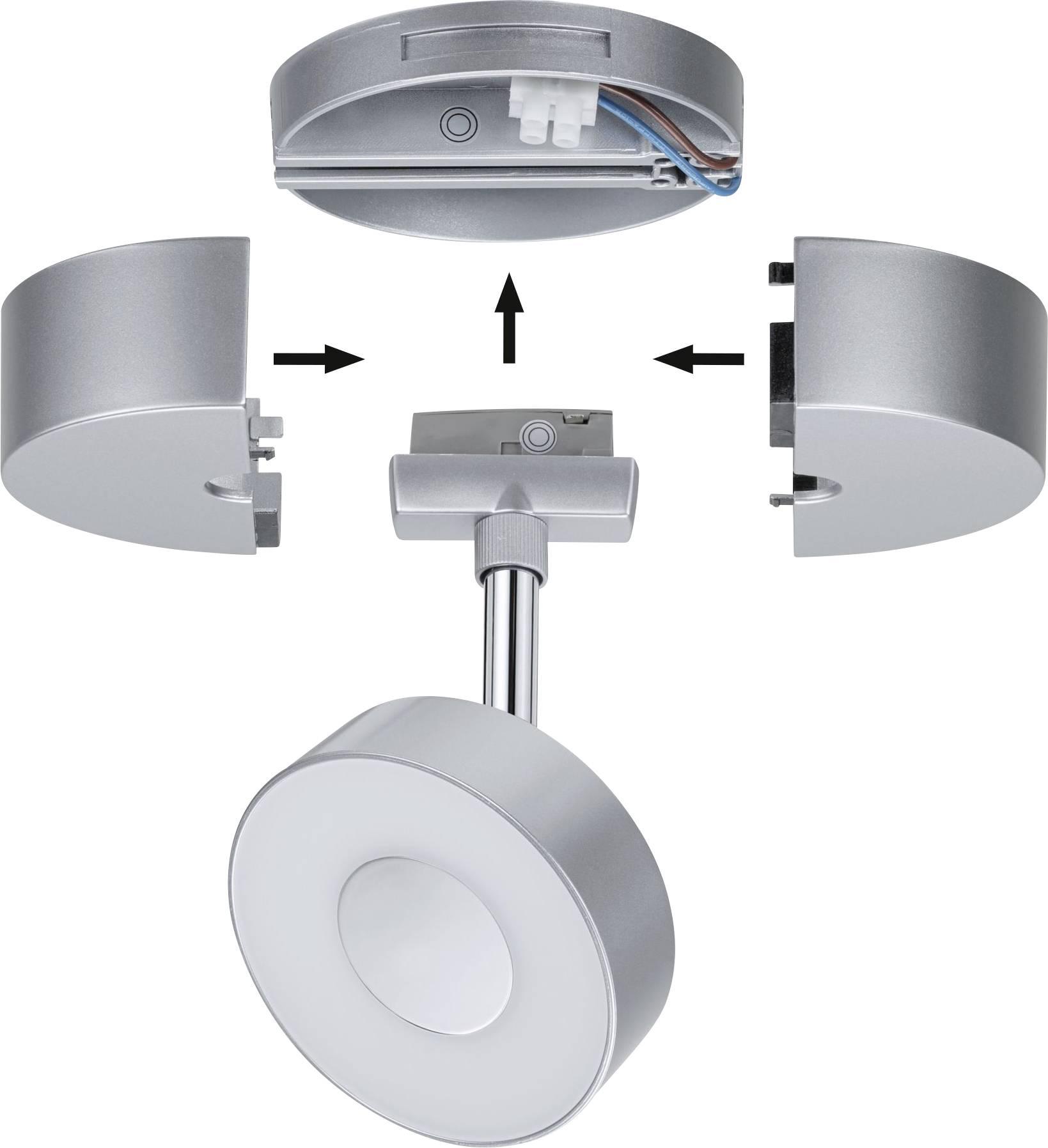 Technical exploded view diagram of a cylindrical metal ceiling light with detachable components and visible wiring for assembly instructions.