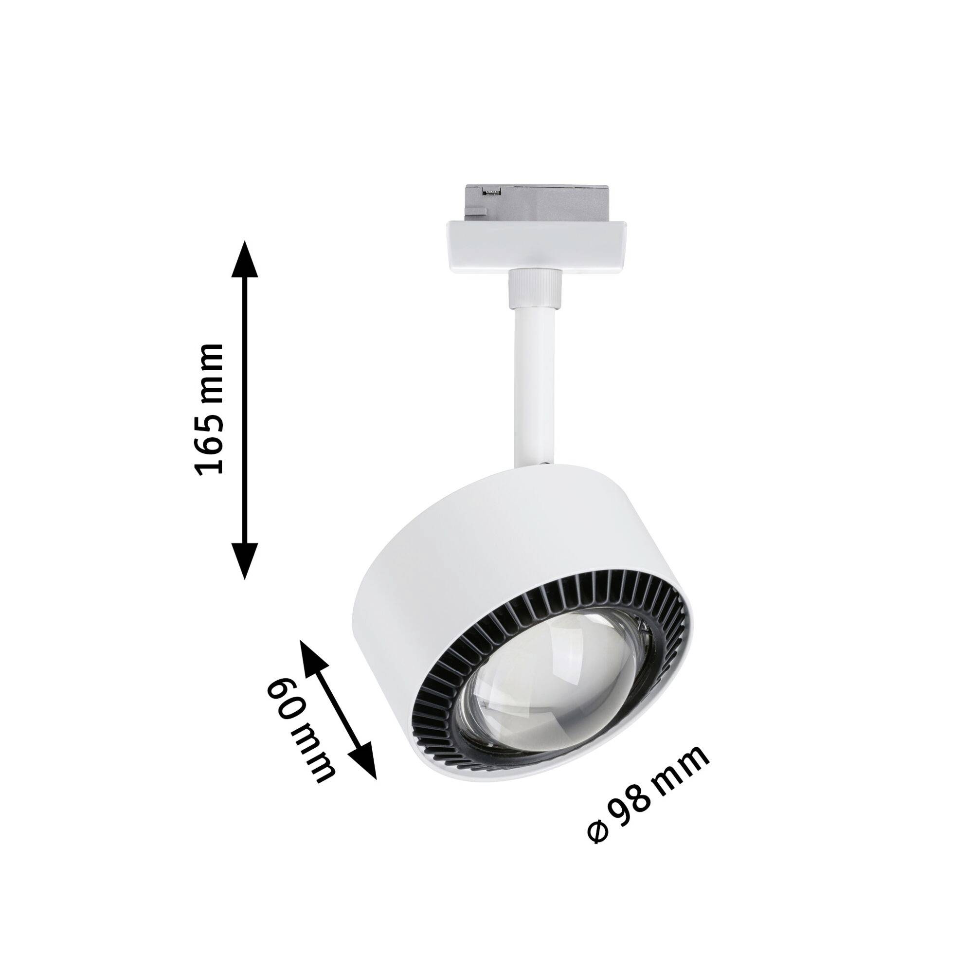 Small, round, white LED light with adjustable head. Dimensions: 165 mm high, 60 mm wide, diameter 98 mm. Suitable for ceiling mounting.