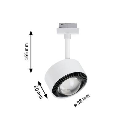 Small, round, white LED light with adjustable head. Dimensions: 165 mm high, 60 mm wide, diameter 98 mm. Suitable for ceiling mounting.