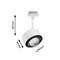 Small, round, white LED light with adjustable head. Dimensions: 165 mm high, 60 mm wide, diameter 98 mm. Suitable for ceiling mounting.