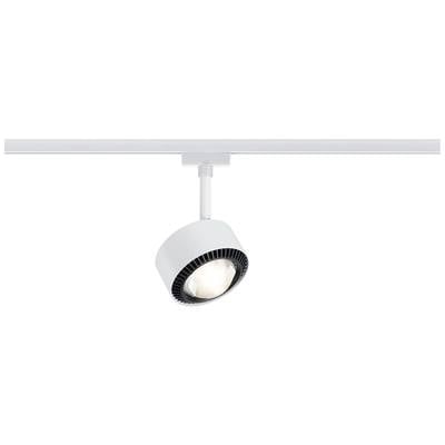 A modern white track light with a circular housing, mounted on a track, shines downwards.