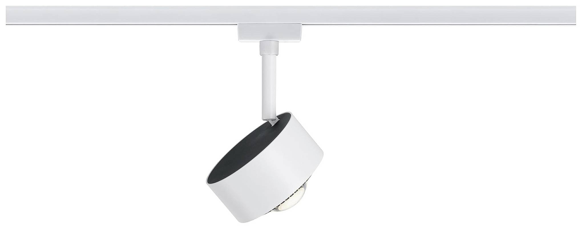 A white ceiling light with a pivoting head, mounted on a track, provides targeted illumination.