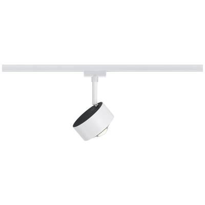 A white ceiling light with a pivoting head, mounted on a track, provides targeted illumination.