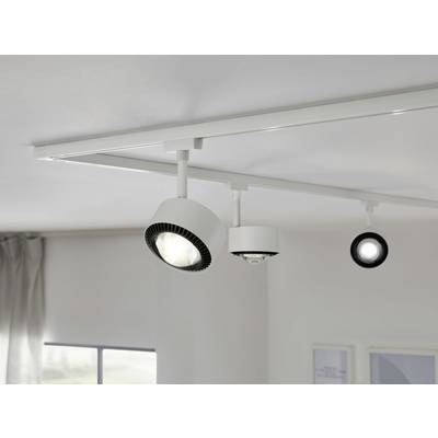 Two ceiling spotlights in a modern design are mounted on a metal track fixed to a light-coloured ceiling.