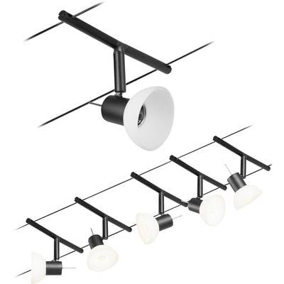 Five black ceiling spotlights, mounted in a row. Each spotlight has a reflective, white shade for directional lighting.