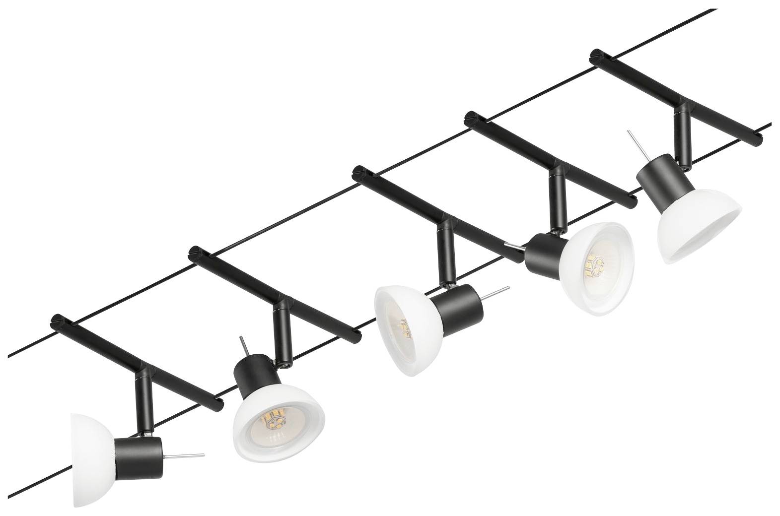 Black rail system with four white, adjustable ceiling spotlights, suitable for direct lighting.