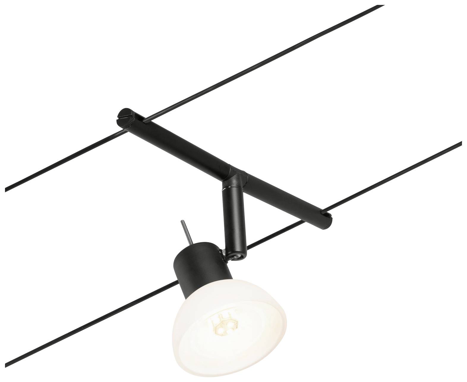 A black pendant light with a round, illuminated lampshade, mounted on two parallel suspension wires.